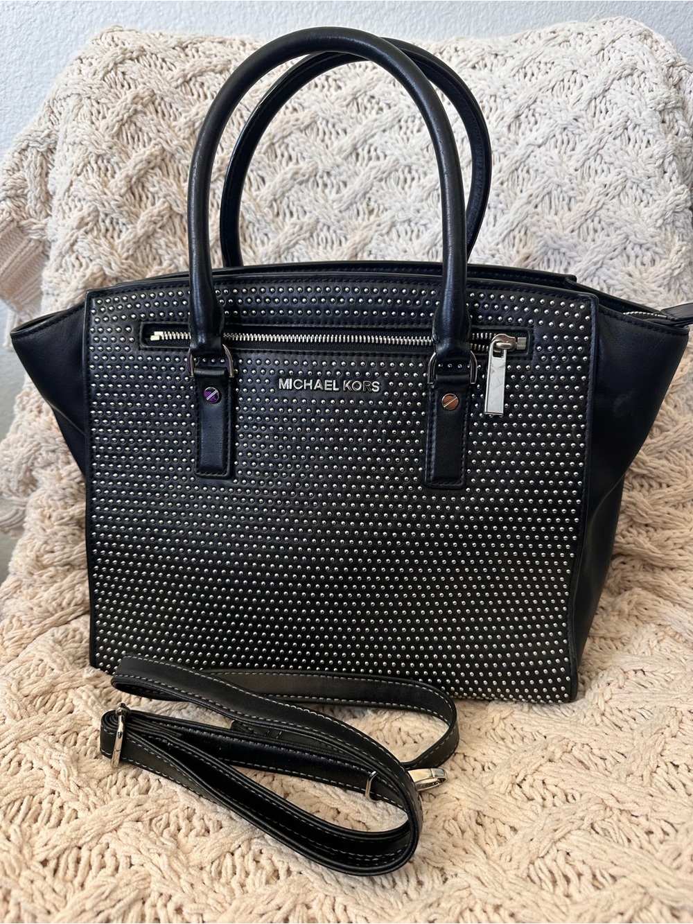 Michael Kors Black Studded Leather Satchel with Strap